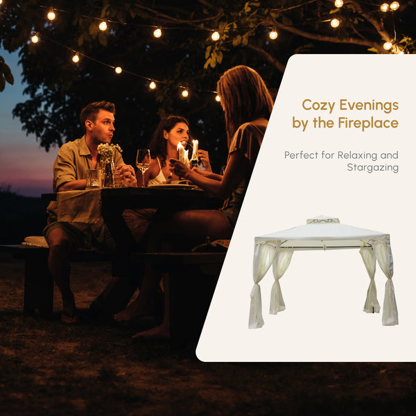 10' x 10' Patio Gazebo Outdoor Pavilion 2 Tire Roof Canopy Shelter Garden Event Party Tent Yard Sun Shade Steel Frame w/ Mosquito Netting Cream White