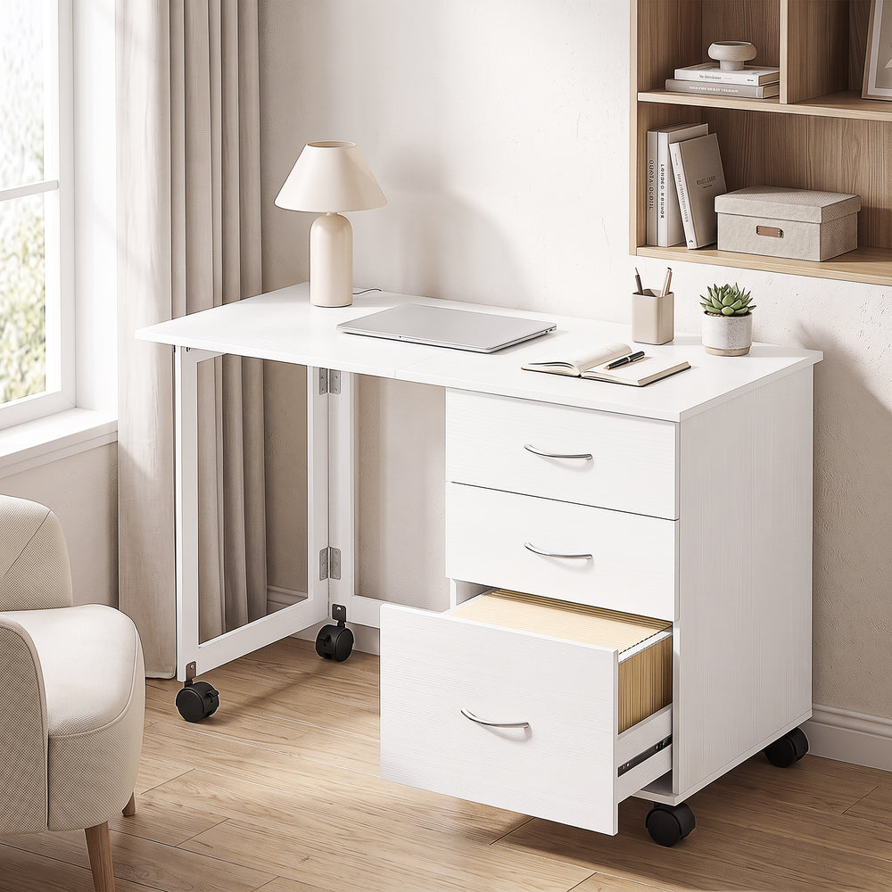 Bureau pliant avec 3 tiroirs et roulettes, blanc