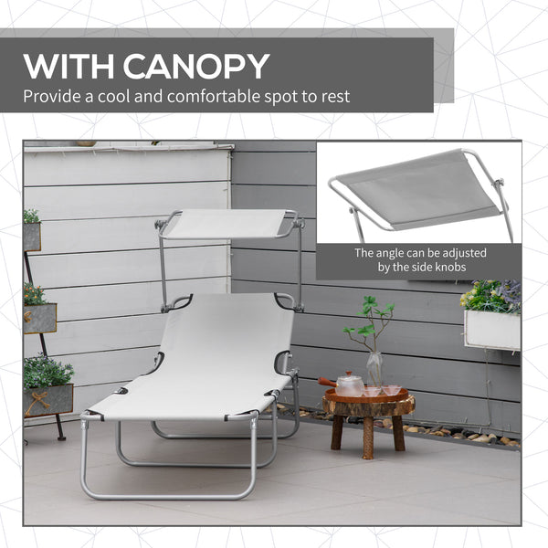 Folding and adjustable chaise longue with sunshade, white/grey 