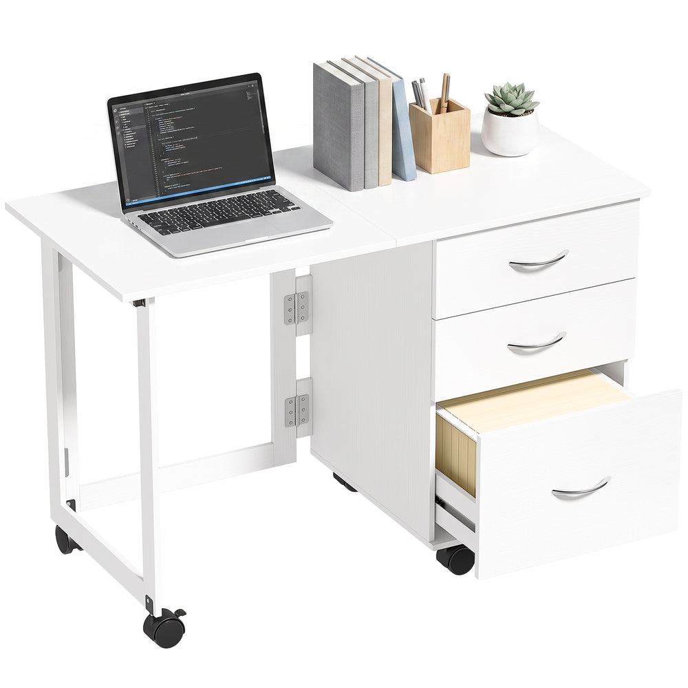 Bureau pliant avec 3 tiroirs et roulettes, blanc