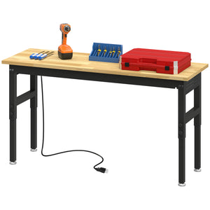 60" Adjustable Workbench, Heavy Duty Work Table with Rubber Wood Top, Power Outlets, Pegboard, 2000 LBS Capacity