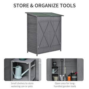 Abri de jardin avec toit en asphalte, double porte en bois, étagère, vert et gris