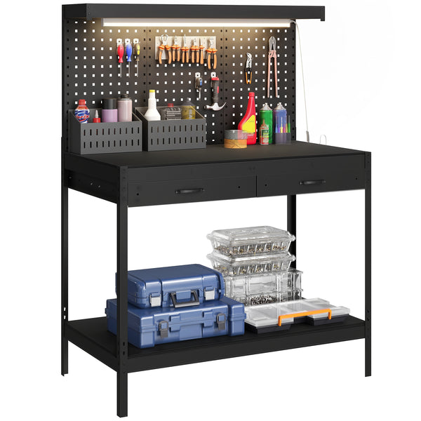 Workbench with LED Light and Power Strip, 43" Heavy Duty Work Table with Pegboard and Drawers for Garage Workshop, Black