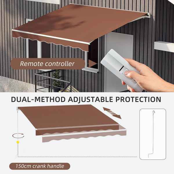 10' x 8' Electric Awning, Retractable Awning Sun Shade Shelter with Remote Controller, Manual Crank Handle and Aluminum Frame, for Deck, Balcony, Yard, Coffee