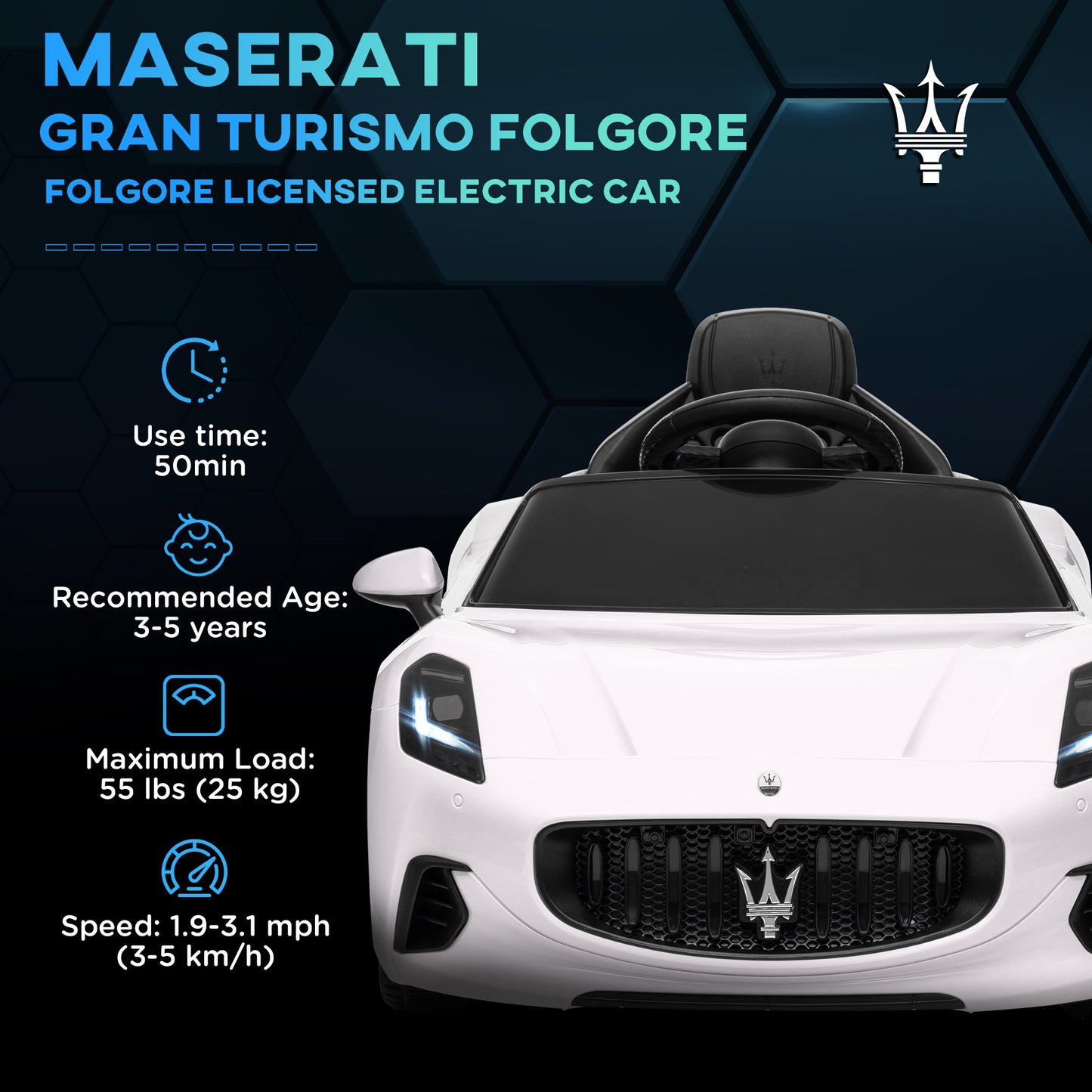 Qaba 12V Maserati Gran Turismo Licensed Kids Electric Car with Remote Control, Soft Start, LED Lights, Music, Horn, MP3 Player, White