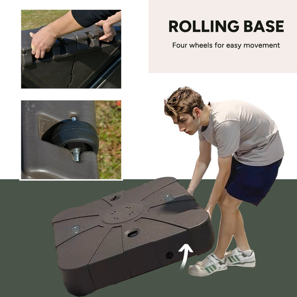 Pied de parasol carré déporté avec roulettes, couleur café