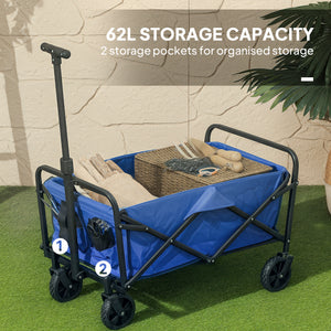 Collapsible Folding Garden Cart, Heavy Duty Lawn Wagon with Universal Wheels and Adjustable Handle, Blue