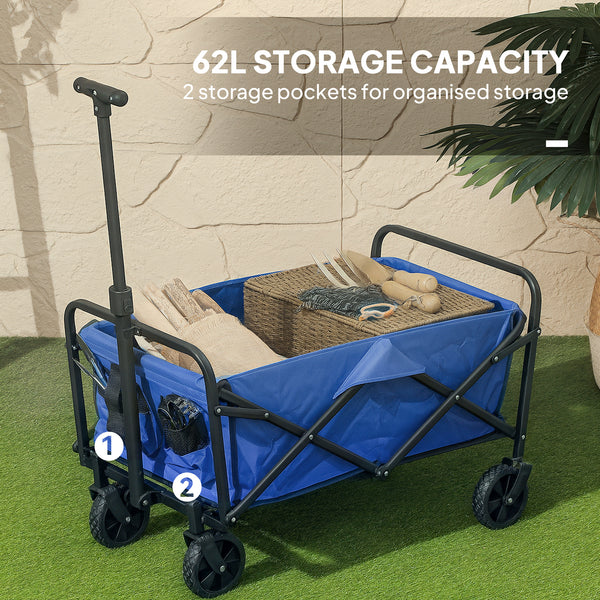 Collapsible Folding Garden Cart, Heavy Duty Lawn Wagon with Universal Wheels and Adjustable Handle, Blue