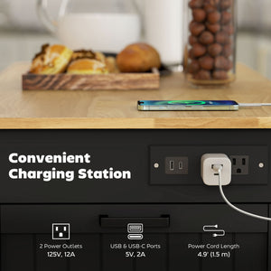Portable kitchen island with charging station, fold-down rubberwood tabletop, waste storage, black