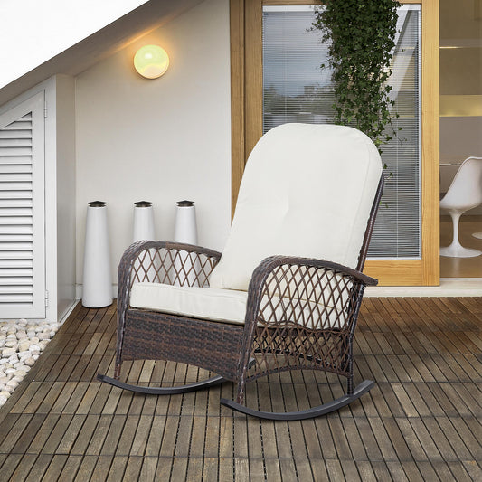 Fauteuil à bascule en rotin et osier avec coussins épais, blanc crème