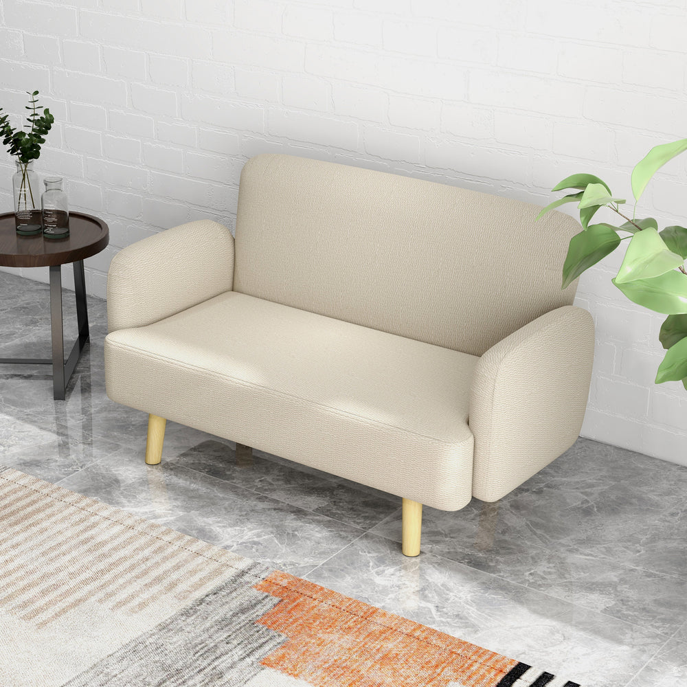 Canapé 2 places en tissu velours avec rembourrage et pieds en bois, blanc crème