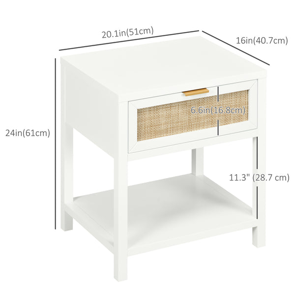 Table de chevet bohème avec tiroir en rotin et étagère ouverte