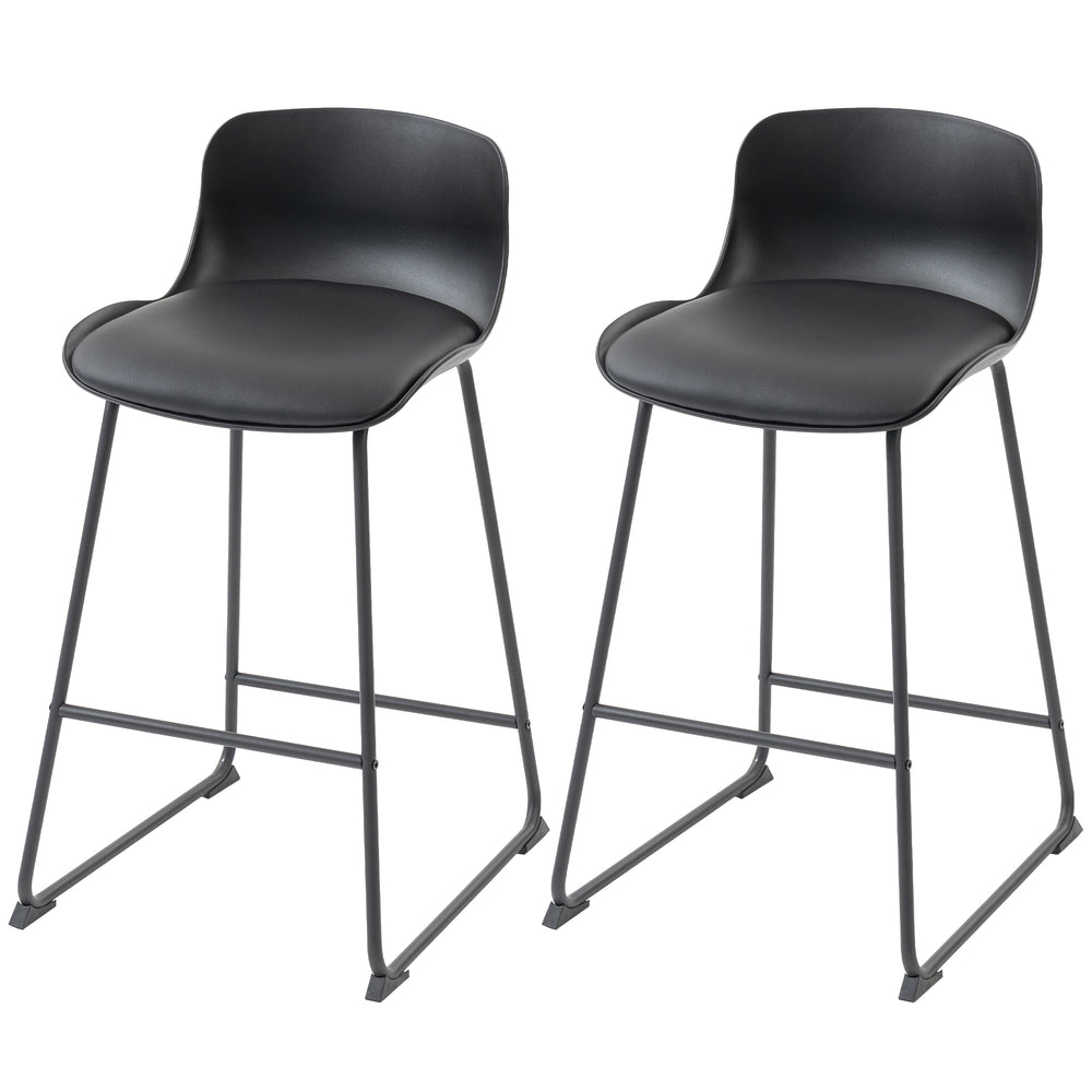Set of 2 modern faux leather bar stools, counter height, black