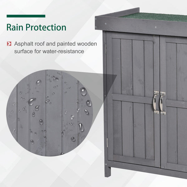 Wooden garden shed with hinged roof, 2-tier shelves and double door
