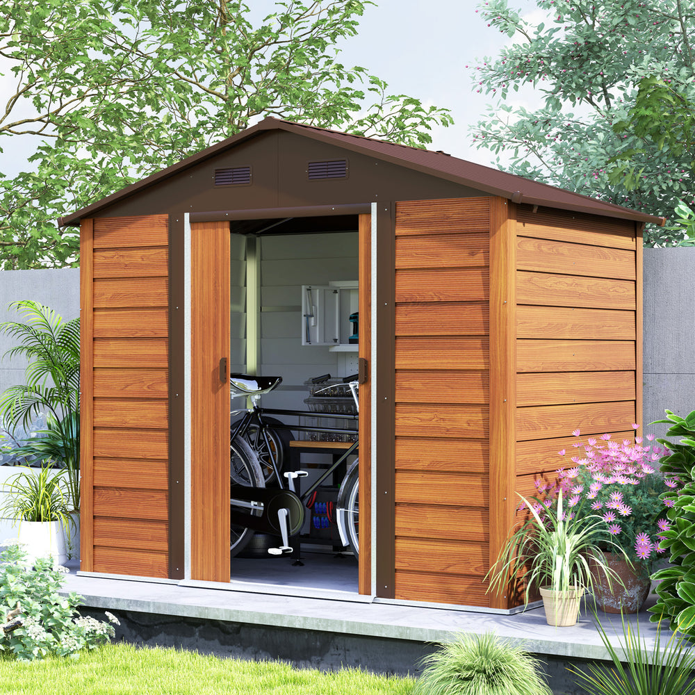 Outdoor metal garden shed with lock and ventilation, dark brown