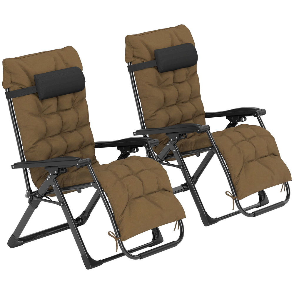 Folding Garden Chairs Set of 2, Reclining Zero Gravity Chair, Sun Lounger with Cushion and Headrest, Khaki
