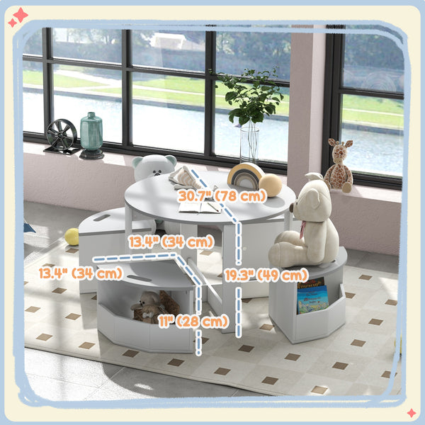 Ensemble table et chaises pour enfants 5 pièces avec rangement, gris