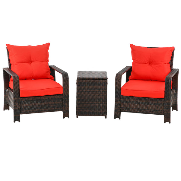 Ensemble de mobilier de jardin 3 pièces en résine tressée avec table basse, rouge