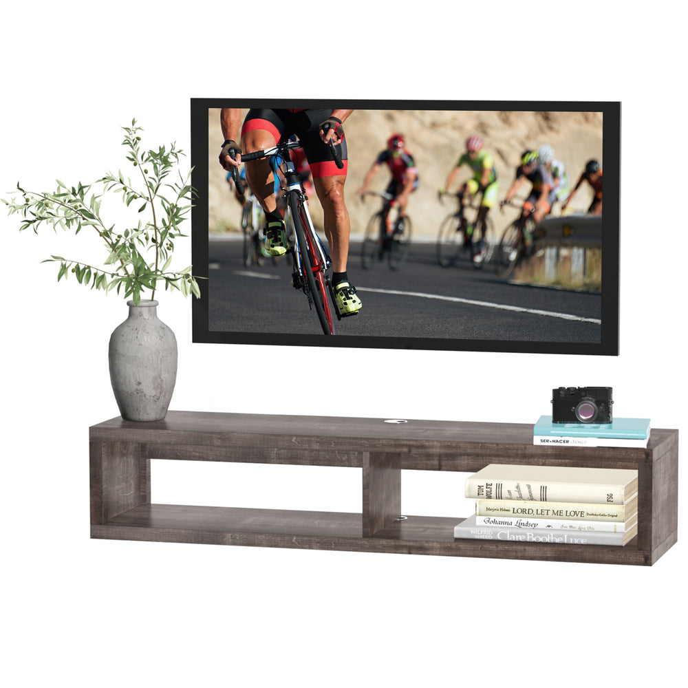 Meuble TV flottant pour téléviseurs 50" avec étagère, grain de bois gris foncé