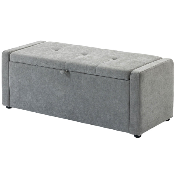Banc-pouf de rangement, revêtement en tissu aspect lin, assise large rembourrée, gris clair