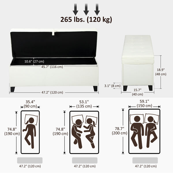 Banc ottoman de rangement avec charnières de sécurité, blanc crème