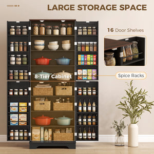166 cm Kitchen Pantry Cabinet Adjustable Shelves Tall Storage Cabinet Door Shelves 8 Shelves Brown Black