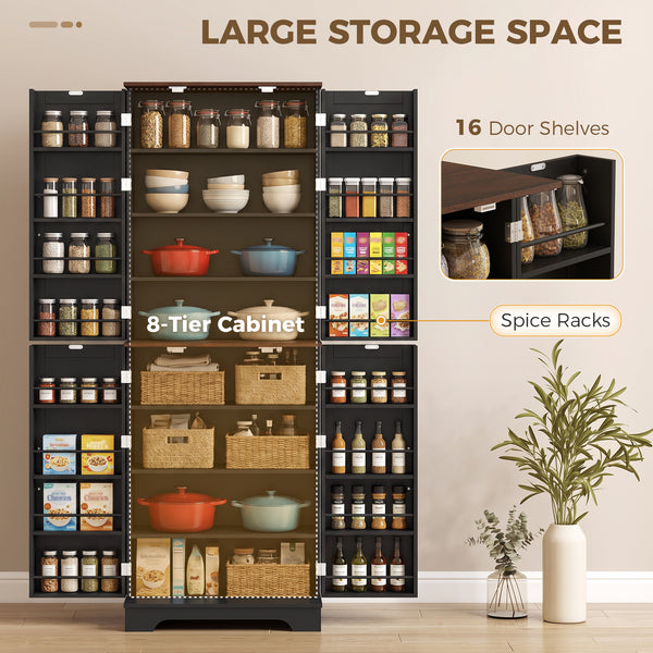 166 cm Kitchen Pantry Cabinet Adjustable Shelves Tall Storage Cabinet Door Shelves 8 Shelves Brown Black