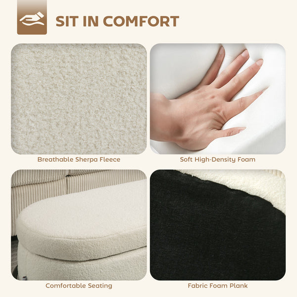 Pouf de rangement avec couvercle relevable et pieds en acier, blanc crème