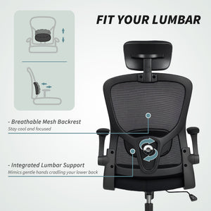 Ergonomic mesh office chair with headrest and lumbar support, black