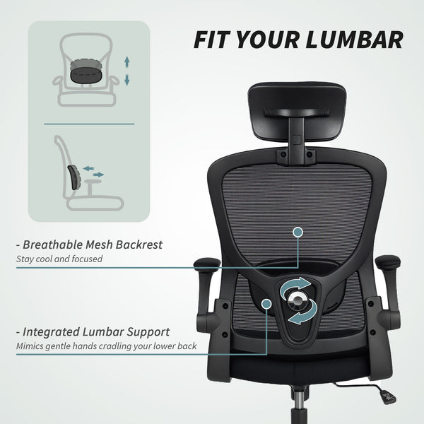 Ergonomic mesh office chair with headrest and lumbar support, black