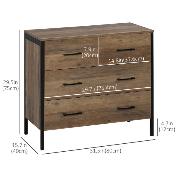 Commode pour chambre à coucher avec 4 tiroirs, structure en métal, marron