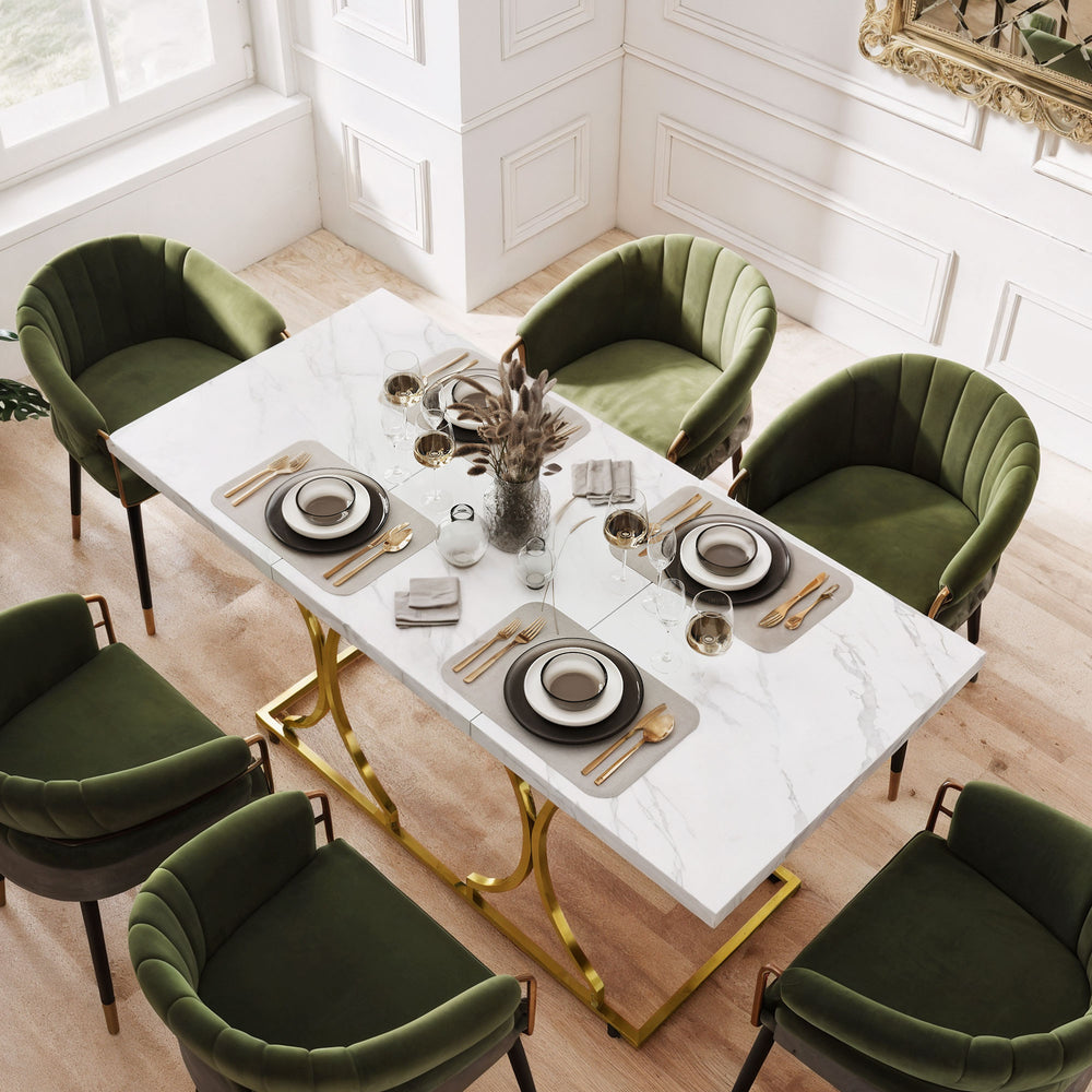 Table à manger pour 6 personnes, table de cuisine moderne à motif marbre avec piédestal en métal, blanche
