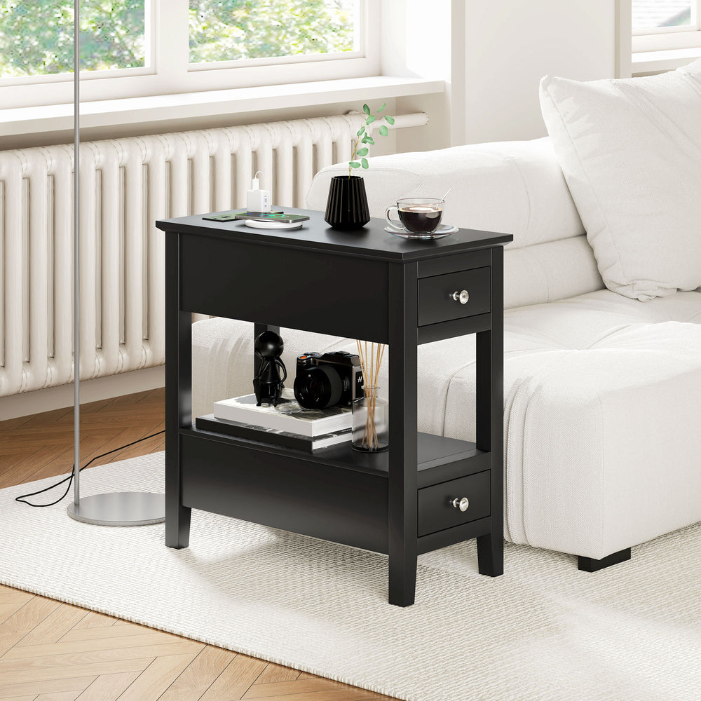 Table d'appoint étroite avec station de charge avec étagère de rangement et tiroirs pour salon, noire