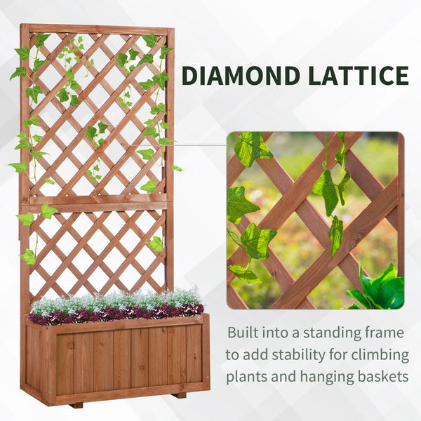 Raised pine planter with trellis for climbing plants and flowers