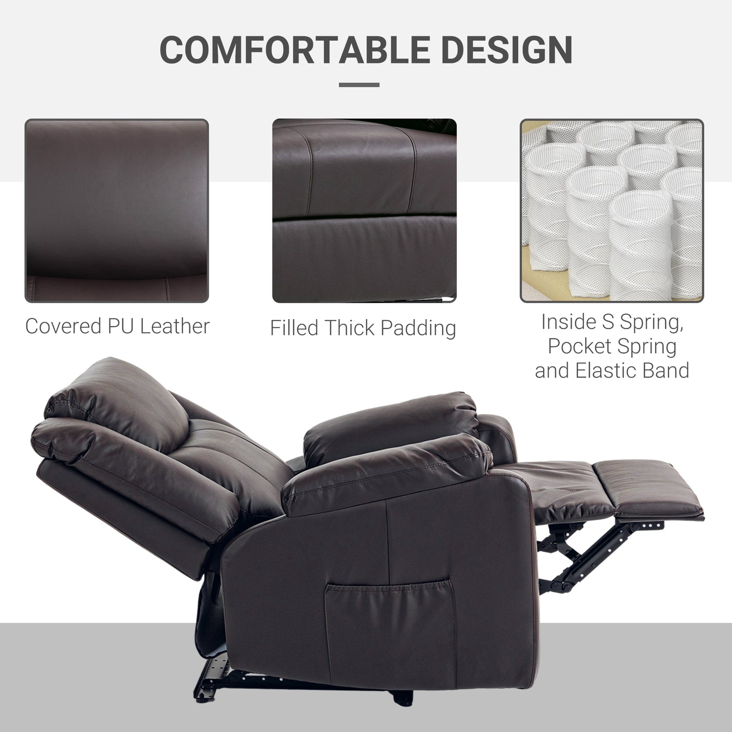 Fauteuil inclinable en similicuir avec repose-pieds et 2 poches latérales, marron