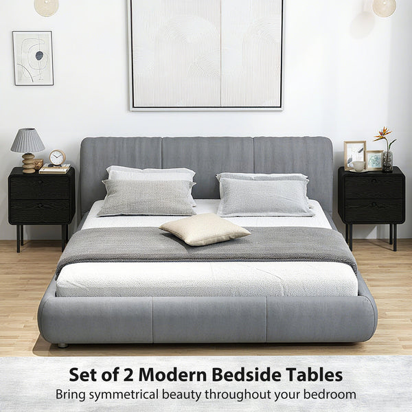 Set of 2 bedside tables with 2 storage drawers and steel legs, black wood finish.