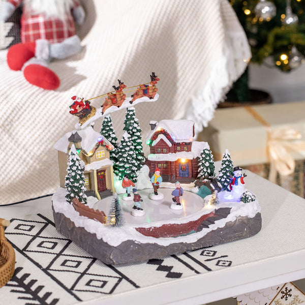 Village de Noël avec étang de patinage du Père Noël animé avec lumière LED multicolore