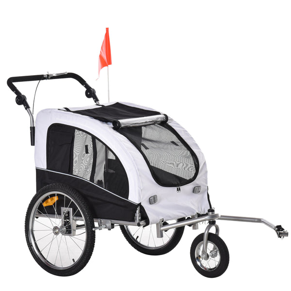 Remorque vélo pour chien 2-en-1 avec suspension et poches de rangement, blanche