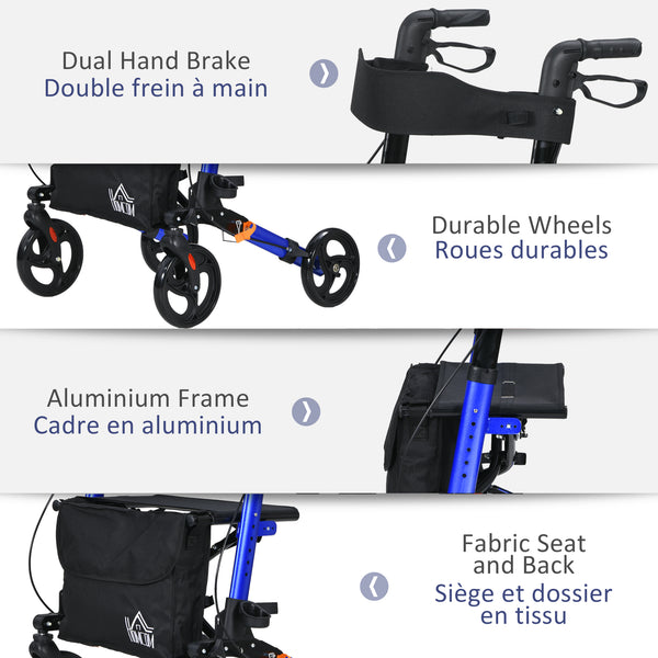 Senior walker with seat and backrest in blue