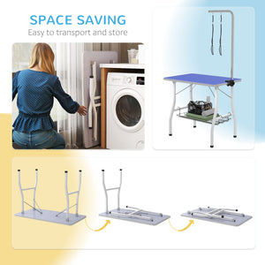 Dog grooming table with adjustable arm, mesh tray and two leashes, blue