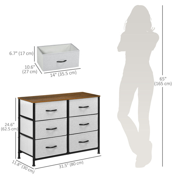6-drawer fabric chest with steel frame, wood-effect top and handles, grey.