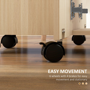 Drop Leaf Dining Table, Mobile Folding Table on Wheels with Drawers and Cabinet for Dining Room, Kitchen, Natural Wood