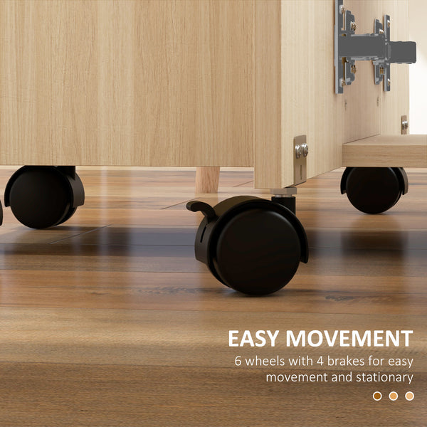 Drop Leaf Dining Table, Mobile Folding Table on Wheels with Drawers and Cabinet for Dining Room, Kitchen, Natural Wood