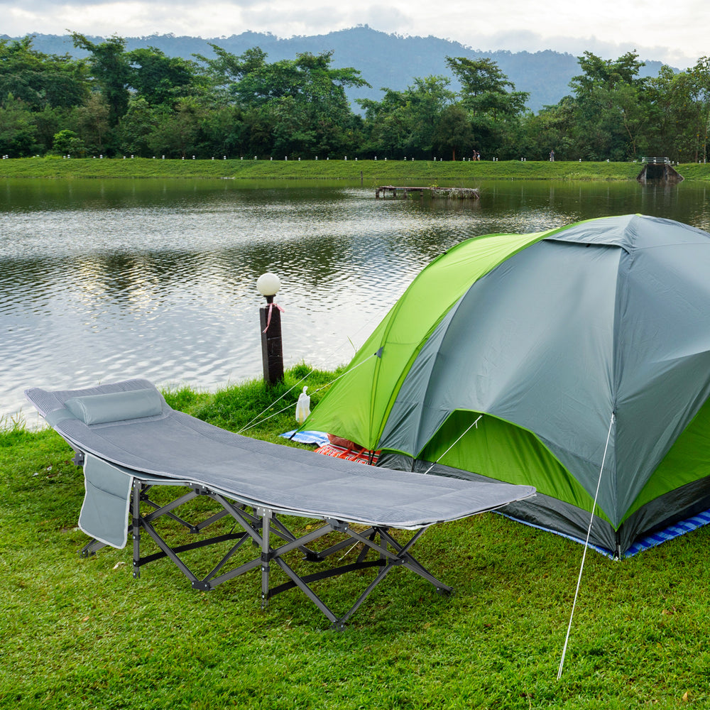 Lit de camp pliant avec matelas et oreiller, gris foncé