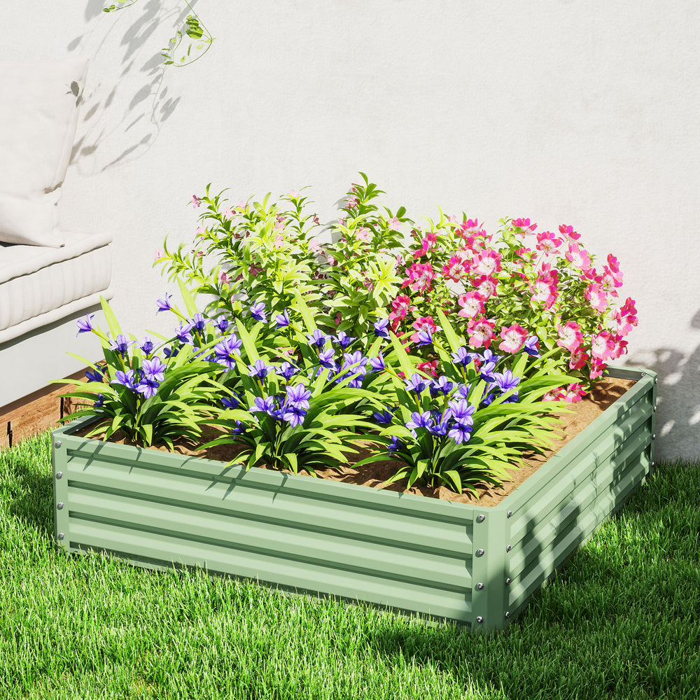 Raised planter in galvanized steel, light green