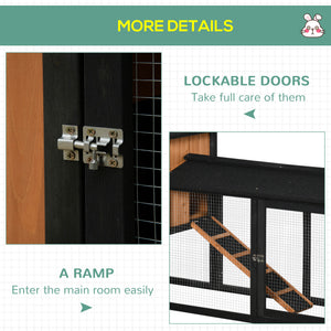 Wooden hutch with run, a playpen, a pull-out tray and a ramp