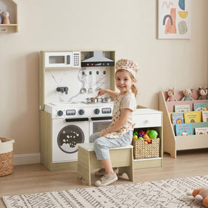 Qaba Kids Kitchen Playset, 2-in-1 Convertible Table and Chair Set with Sink, Oven, Microwave, Accessories for Ages 3-8