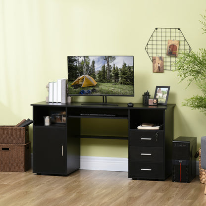 Bureau d'ordinateur avec tiroirs, plateau pour clavier, étagères ouvertes et tiroir verrouillable, noir