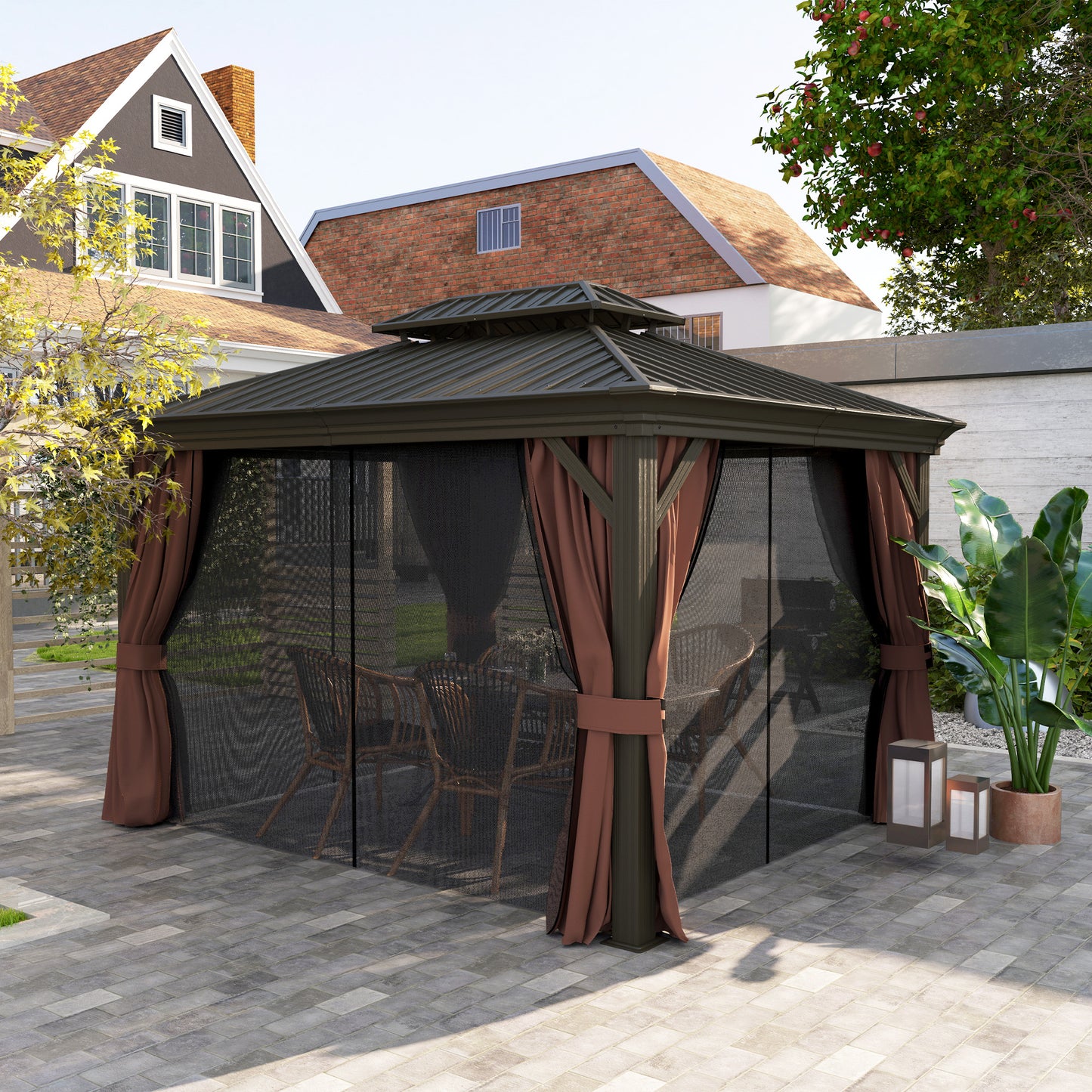 Outsunny 10' x 12' Outdoor Hardtop Gazebo with Galvanized Canopy and Mesh Sidewalls for Lawn and Garden, Dark Brown 