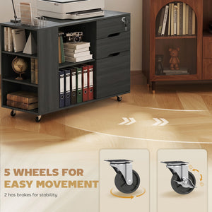 Filing Cabinet with Power Outlets Lockable Casters File Drawer Side Cubbies Black Wood Grain